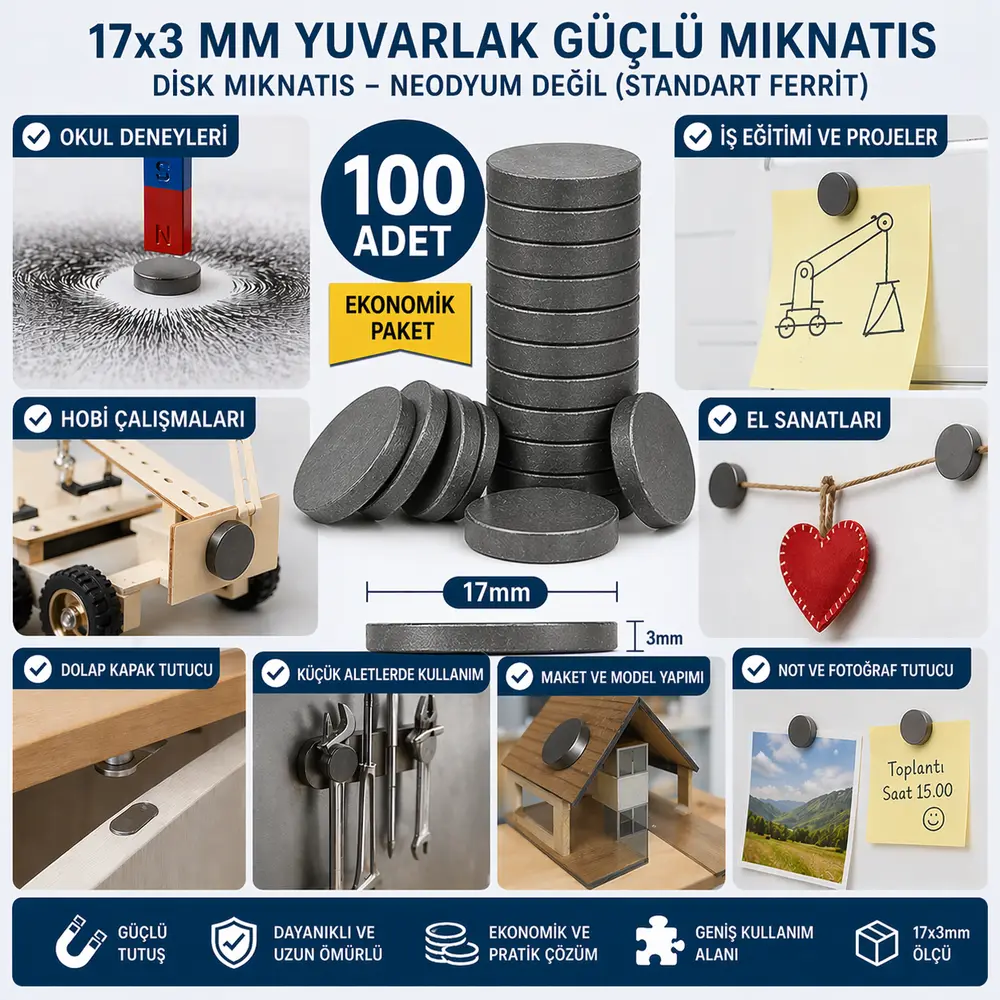 100 Adet Mıknatıs 17x3 mm Yuvarlak Güçlü Mıknatıs Disk Mıknatıs 2