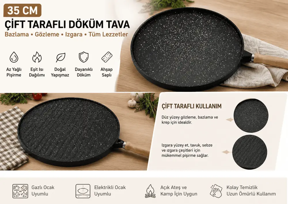 35 cm Döküm Gözleme Tası Çift Taraflı Bazlama Izgara Tası Ahşap Saplı Yapışmaz 3