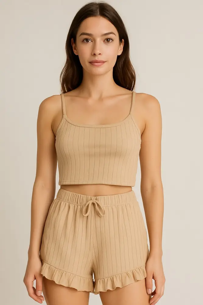Crop Takım - Askılı Crop Takım Likralı Bej (L) 5