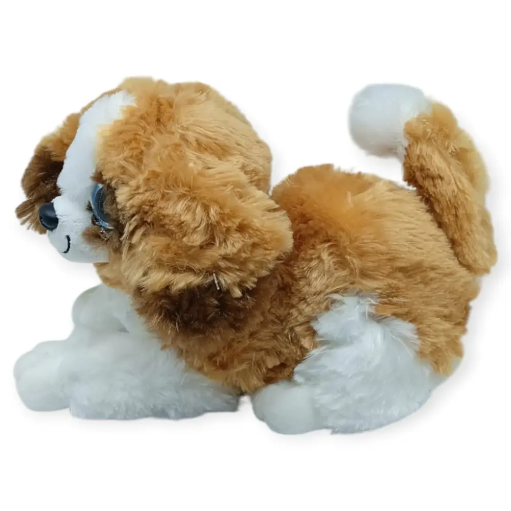 Sesli Peluş Yatan Köpek 25 cm - Kahve Beyaz - 1 ADET 2