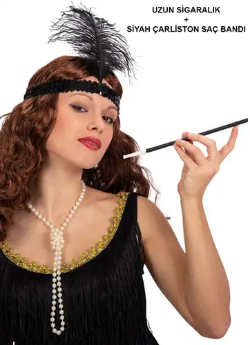 1920'ler Gatsby Aksesuar Seti – Siyah Charleston Saç Bandı & lık