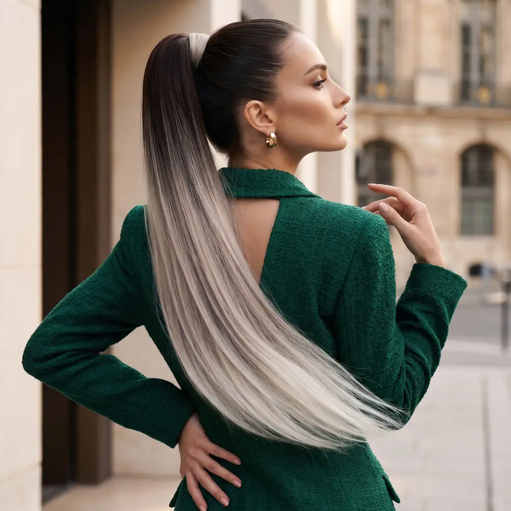Lastik Tokalı At Kuyruğu Düz / Koyu Kumral / Gümüş Platin Ombre 2