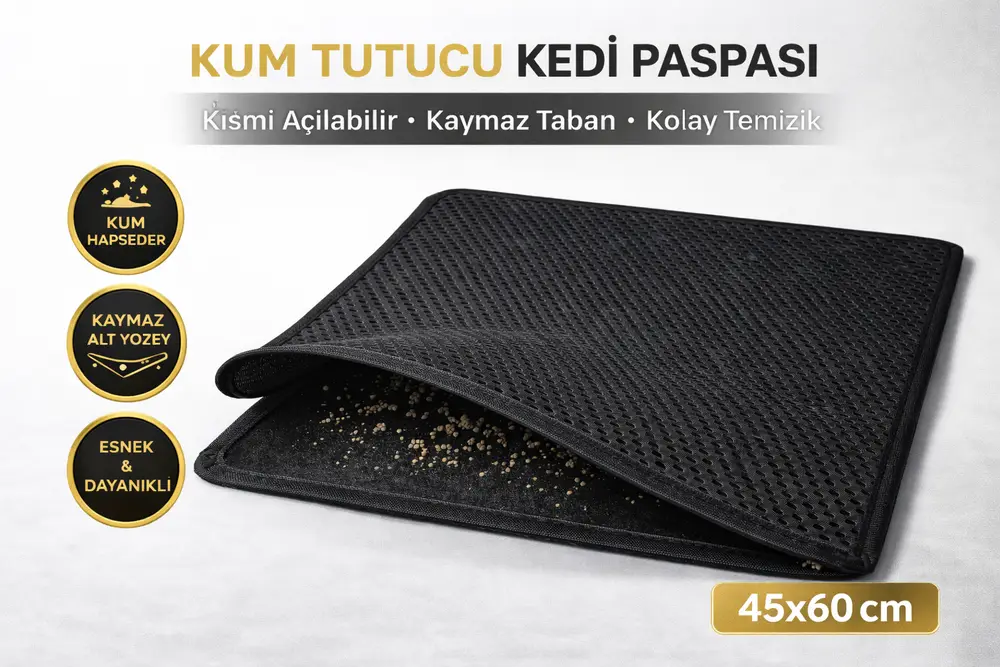Kedi Elekli Tuvalet Önü Kum Tutucu Paspas 45 cm - 60 cm Siyah