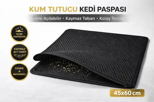 Kedi Elekli Tuvalet Önü Kum Tutucu Paspas 45 cm - 60 cm Siyah