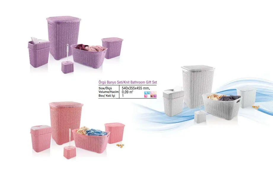 5 Parça Örgü Desenli Plastik Banyo Seti Çamaşır Sepeti Deterjanlık Çöp Kovası Klozet Fırçası - Mor 2