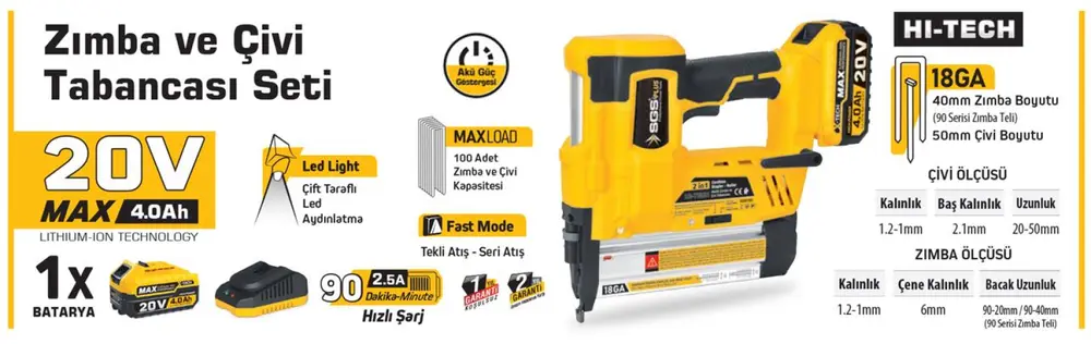 5165 Akülü Zımba ve Çivi Çakma Makinası 20 Volt 3