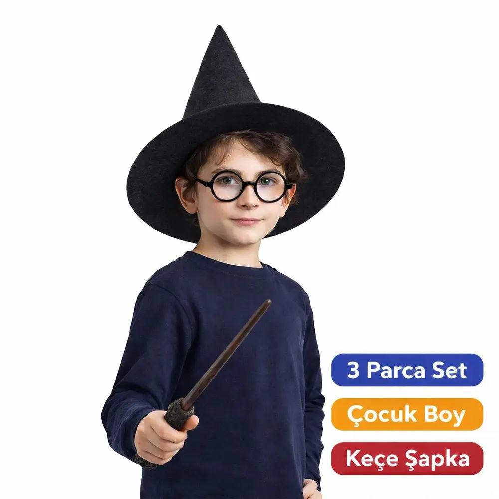 Harry Potter Tarzı Çuk Seti (Siyah Keçe Şapka, Asa, Gözlük) 2