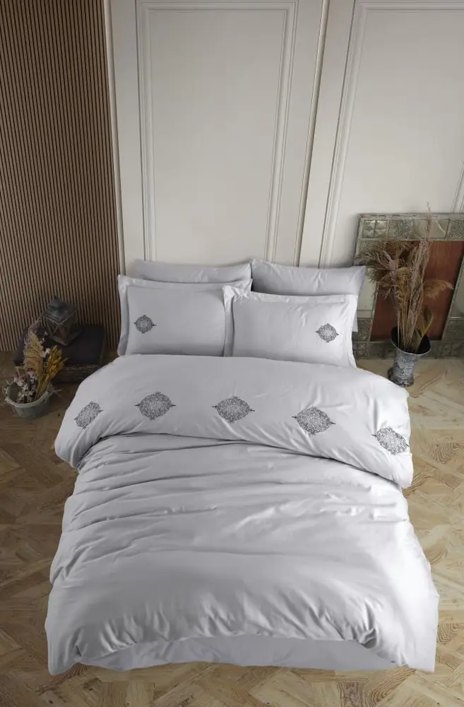 Çift Kişilik Poplin Premium Nakışlı Nevresim Azra Gri 2