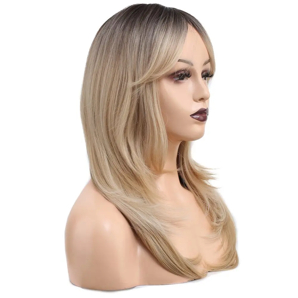 Katlı Kesim Perçemli Düz Fiber Sen Orta Boy Peruk / Kahve / Platin Ombre ve Röfleli 4