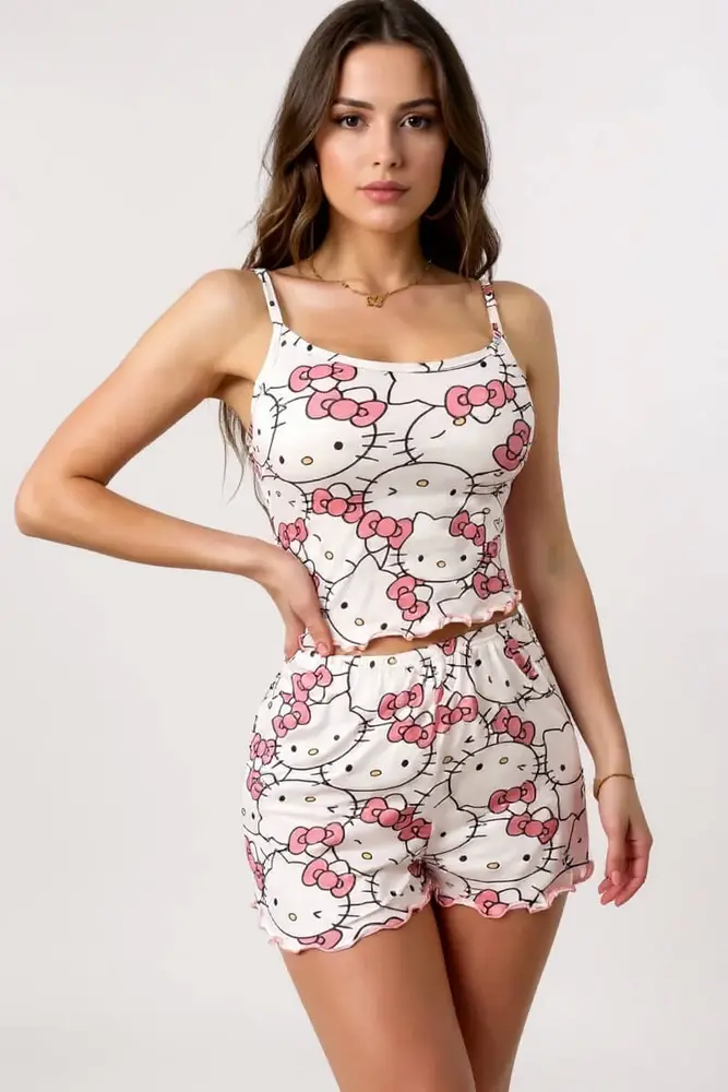 Hello Kitty Baskılı Askılı Şortlu Pijama