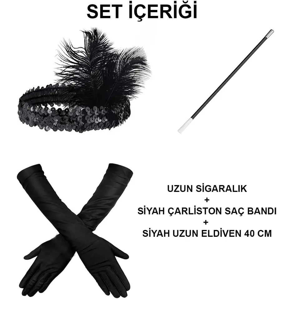 1920'ler Gatsby Aksesuar Seti – Siyah Charleston Saç Bandı, Uzun Eldiven & lık