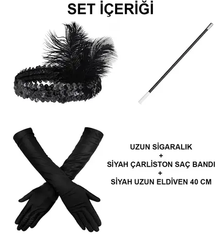1920'ler Gatsby Aksesuar Seti – Siyah Charleston Saç Bandı, Uzun Eldiven & lık