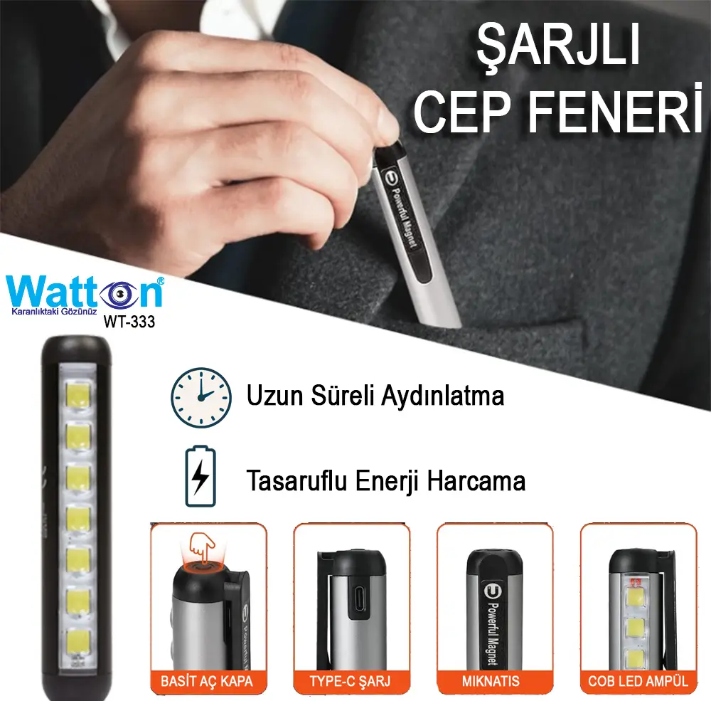 Type-C Girişli Miknatisli Şarjlı Cep Feneri Wt-333 2