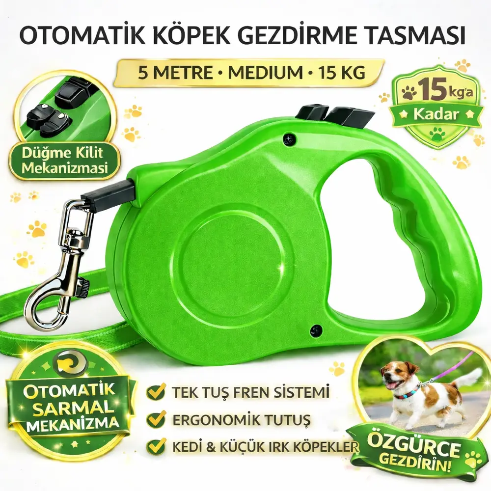 Karamel Otomatik Köpek Gezdirme Tasması Medium 5 Metre 15 kg Yeşil 3