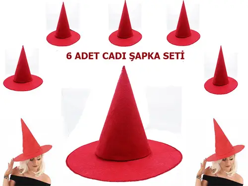 Kırmızı Renk Keçe Cadı Şapkası Yetişkin Çuk Uyumlu 6 Adet