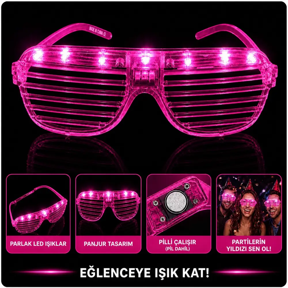LED Işıklı Panjur Parti Gözlüğü Pembe Renk Shutter Gözlük 2