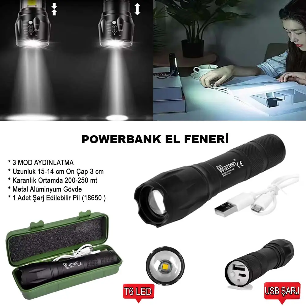 Powerbank Özellikli Uzun Menzilli EL Feneri Wt-039 2