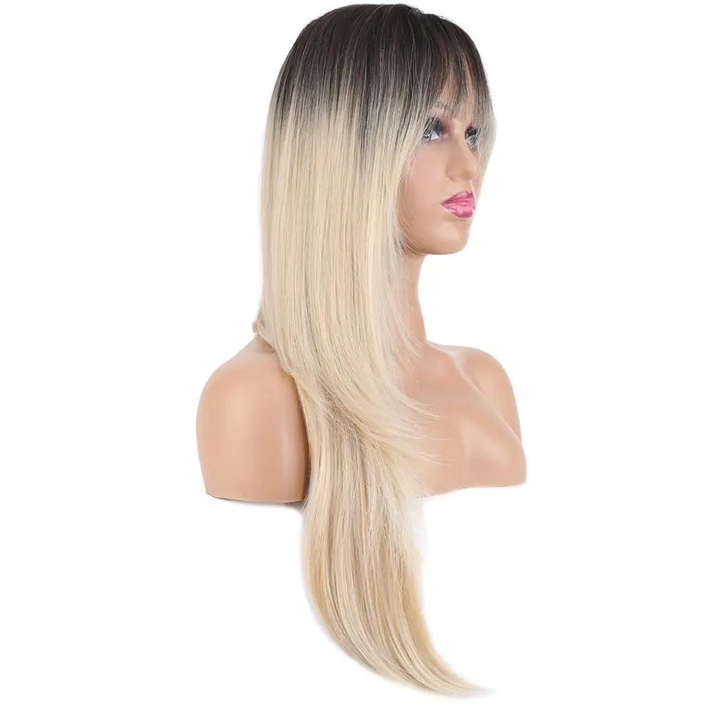 Katlı Kesim Perçemli Düz Fiber Sen Uzun Boy Peruk / Kahve / Platin Ombre ve Röfleli 2