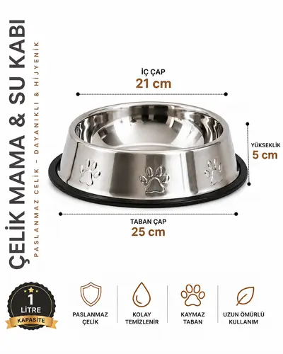 Köpekler İçin Pati Desenli Çelik Su Kabı 25 Cm - 32 Oz - 1 LT