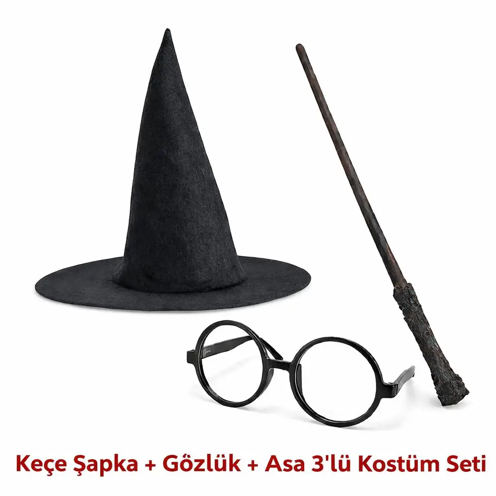 Harry Potter Tarzı Çuk Seti (Siyah Keçe Şapka, Asa, Gözlük) 3