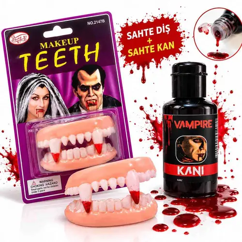 Vampir Takma Diş ve Tiyatro Kanı Seti – 2 Parça