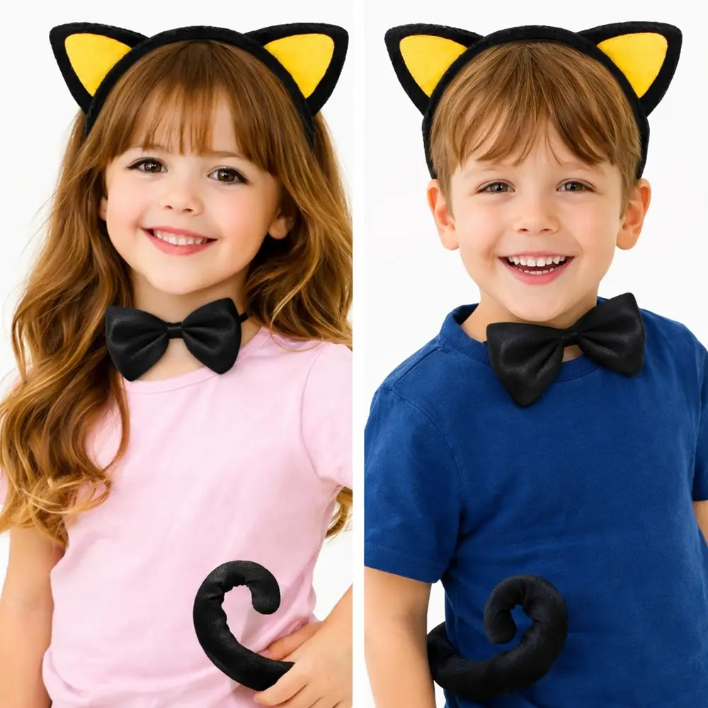 Sarı Kulaklı Kedi Kostüm Seti – Taç Papyon Kuyruk 3 Parça 2