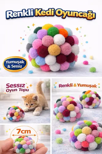 Renkli Ponpon Kedi Oyuncak Topu 7 cm ( 2 Adet ) – Yumuşak Sessiz Kedi Oyun Topu