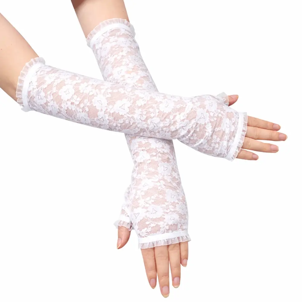 Uzun Zarif Dantel Eldiven Parmaksız Beyaz 35 cm 2