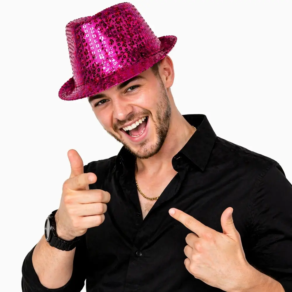 Fuşya Pembe Payetli Disco Parti Şapkası Yetişkin Işıltılı Fötr Model 3
