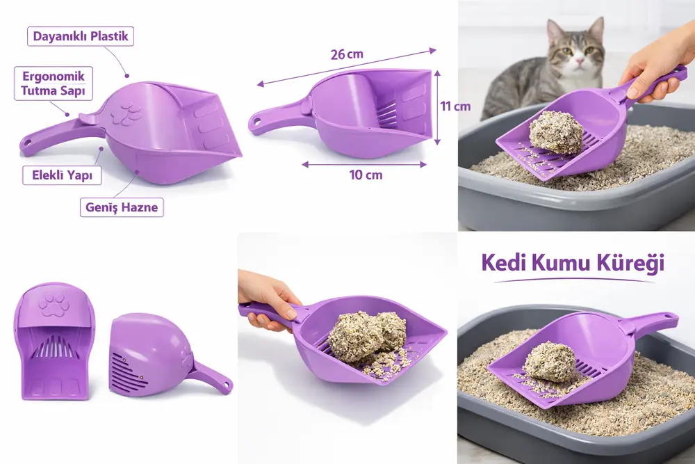 Kapaklı Kedi Kumu Küreği Elekli – Ergonomik Saplı Dalı Plastik Kum Temizleme Küreği 26 cm 5