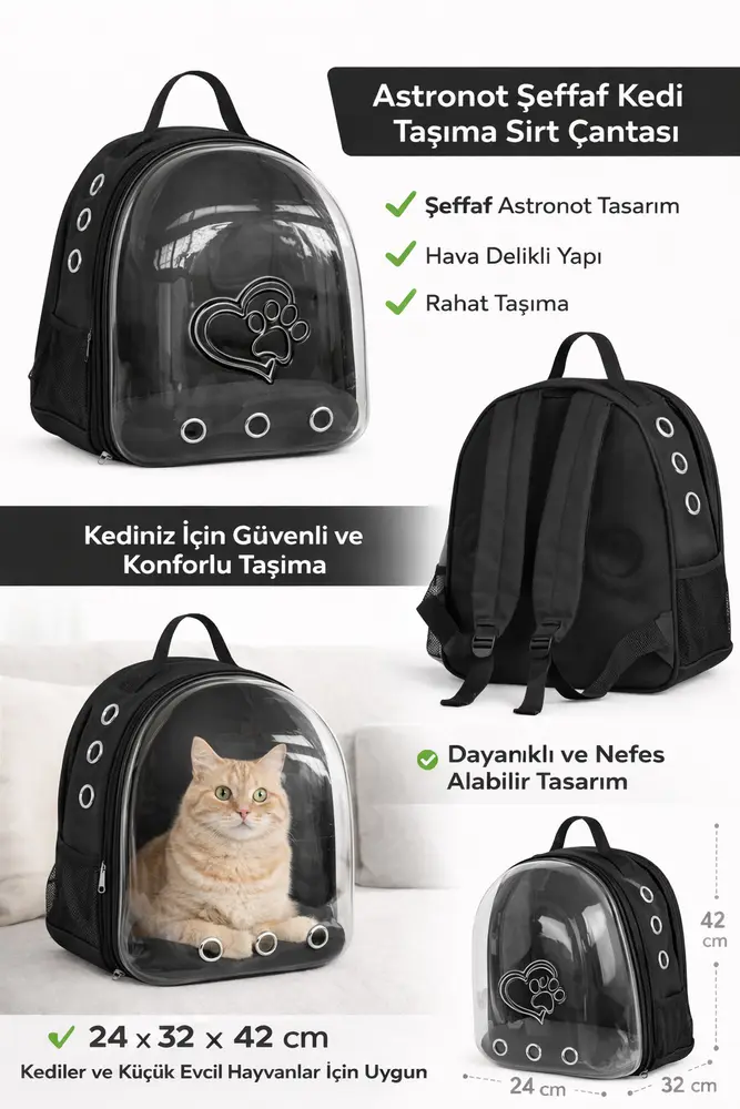 KP Kalpli Patili Astronot Şeffaf Taşıma Sırt Çantası Siyah 24x32x42 cm 2