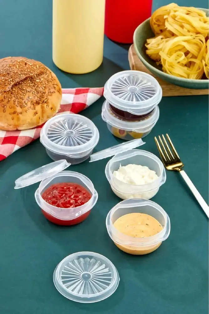 6 lı Yelpaze Kapaklı Şeffaf Mini Sosluk- Ketçap Mayonez Kabı- Kahve Yanı Şeker luk 5