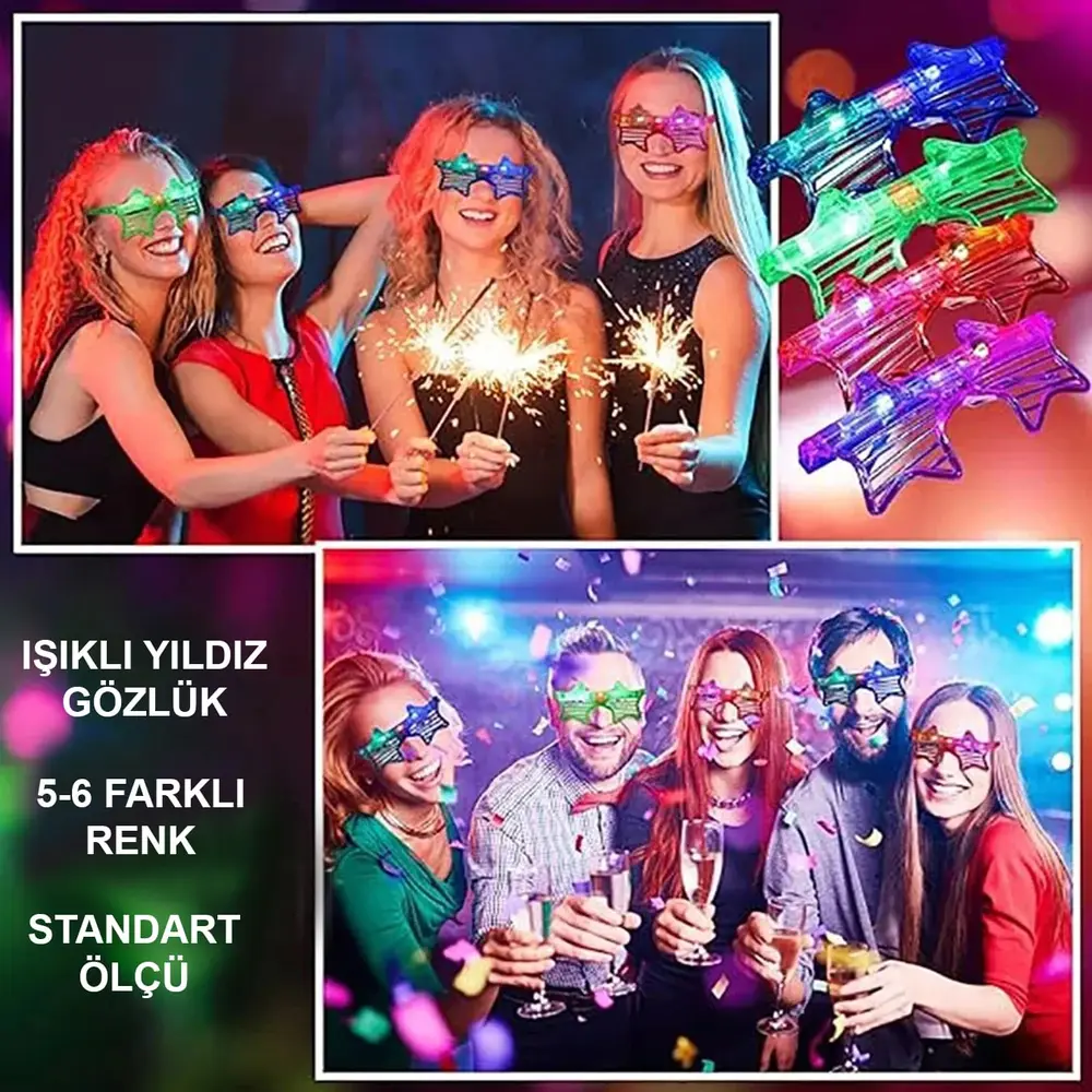 Işıklı Yıldız Gözlük Ledli Parti Gözlüğü 6 Renk 12 Adet 3