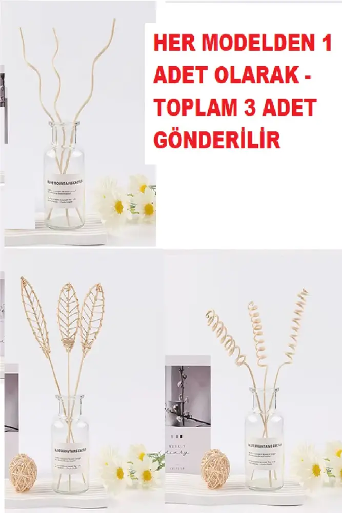 3 Tek Adet 3 Model Aromaterapi Koku Dağıtıcı Rattan Şişe Ahşap Difüzör Çubuk (-Yaprak-Daalı)