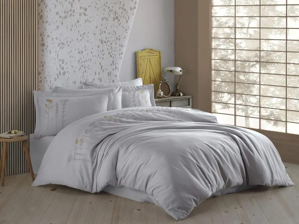 Çift Kişilik Poplin Premium Nakışlı Nevresim Diva Gri 3