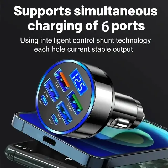 6 Portlu Hızlı Araç Şarj – 4 USB + 2 Type-C Çıkışlı Dijital Göstergeli Oto Şarjı 3