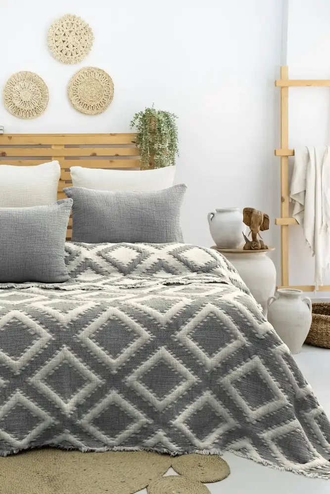 Şaheser Home Collection Müslin Yatak Örtüsü Seti Çift Kişilik Sonia Antrasit