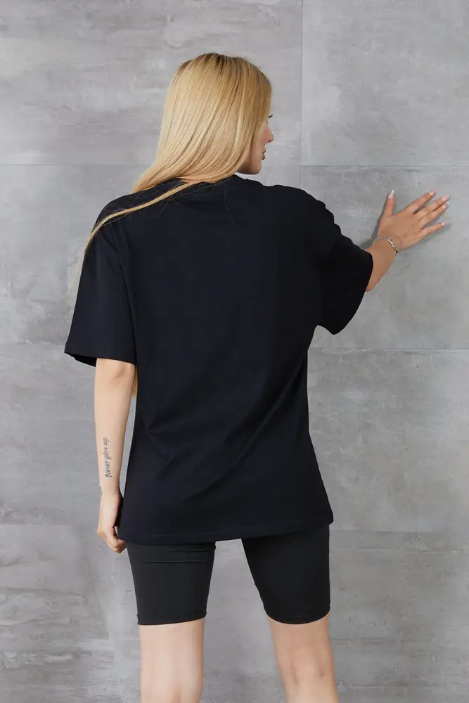 Kadın Silüet Baskılı Bisiklet Yaka Oversize T-shirt 5