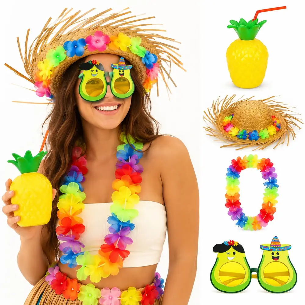4 Parça Hawaii Parti Seti Ananas Bardak Hasır Şapka okado Gözlük Çiçek Kolye