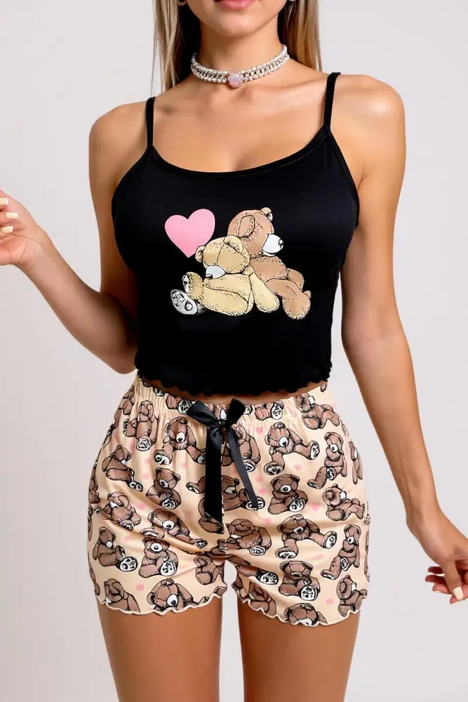 Ayıcık Desenli Askılı Şortlu Kadın Pijama 2