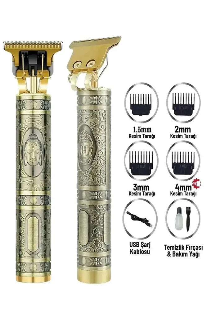 Gold Uçlu Vintage Şarjlı Traş Makinesi Sakal Ense Çizim Vucüt Kılı Tıraş Makinası