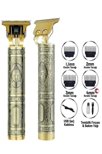 Gold Uçlu Vintage Şarjlı Traş Makinesi Sakal Ense Çizim Vucüt Kılı Tıraş Makinası