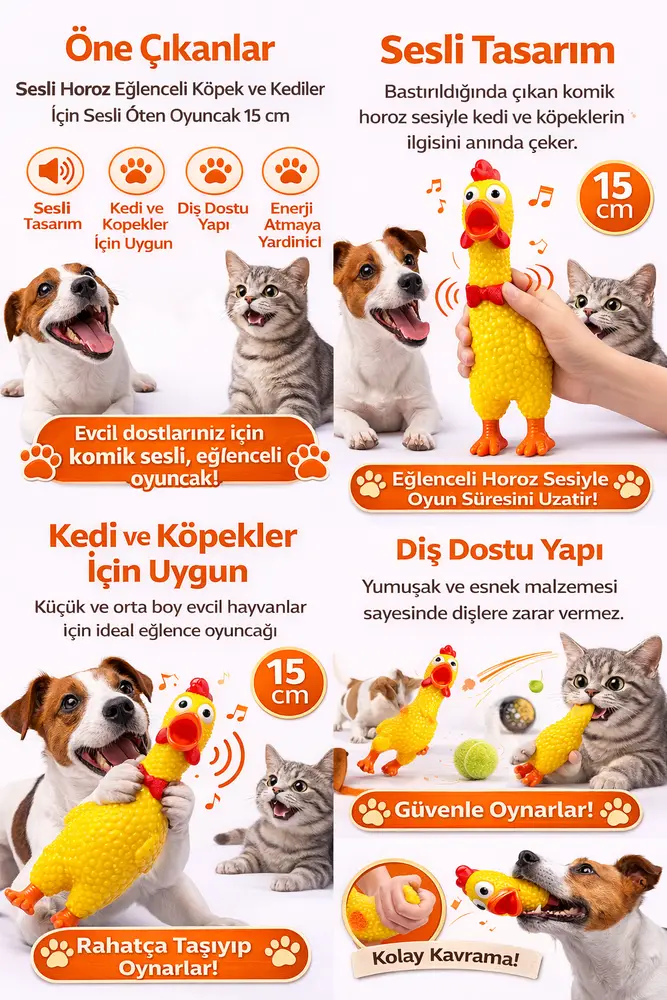Sesli Horoz Eğlenceli Köpek ve Kediler İçin Sesli Öten Horoz Oyuncak 15 cm 3