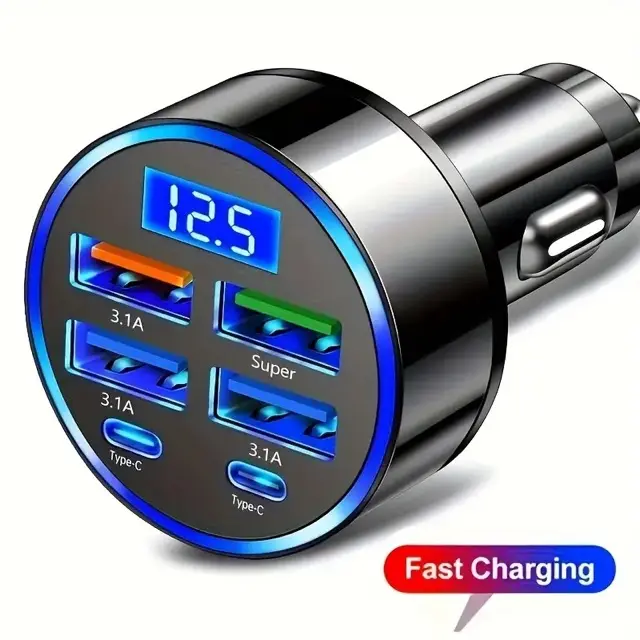 6 Portlu Hızlı Araç Şarj – 4 USB + 2 Type-C Çıkışlı Dijital Göstergeli Oto Şarjı