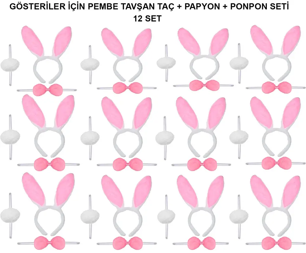Pembe Tşan Kostüm Seti – Taç, Papyon, Ponpon (12’li Paket)