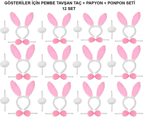 Pembe Tşan Kostüm Seti – Taç, Papyon, Ponpon (12’li Paket)