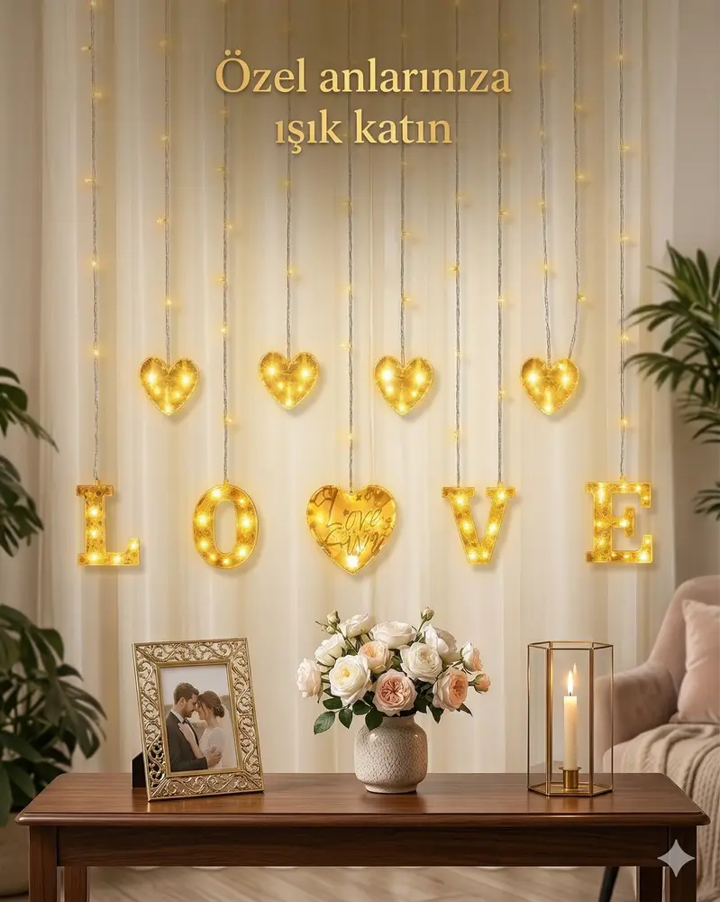 3 Metre Perde Led Işık - 8 Modlu Kalp ve LOVE Figürlü Dekoratif Animasyonlu Led 5