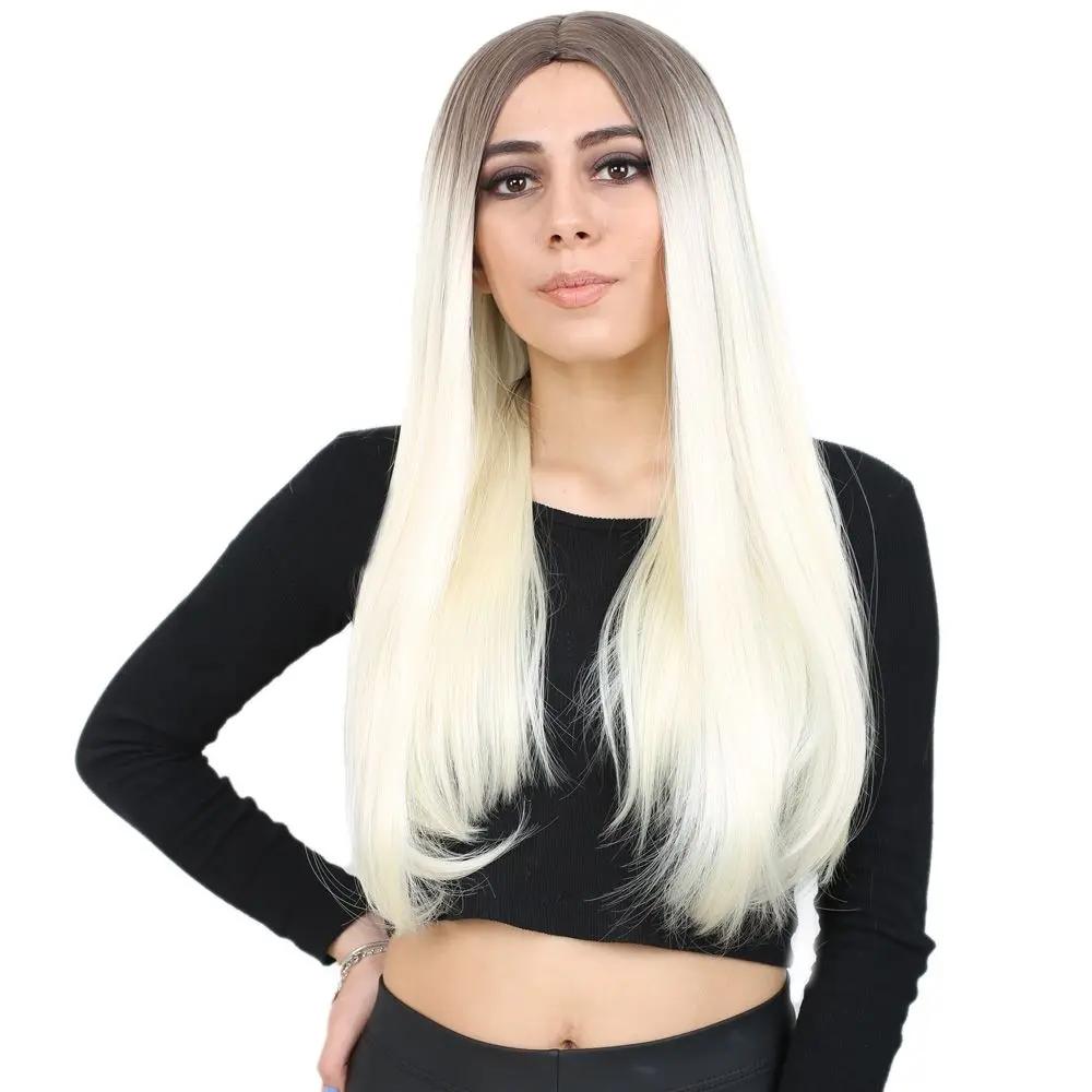 Fiber Sen Uzun Düz Peruk / Küllü Açık Kahve / Platin Ombreli 2