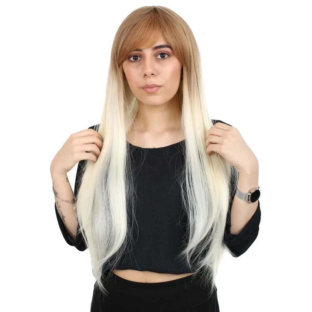 Fiber Sen Uzun Düz Kahküllü Peruk / Balköpüğü / Platin Ombreli 2