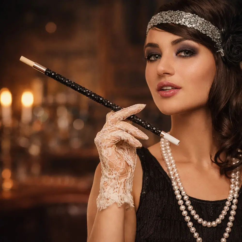 30 cm Siyah Payetli Sigara Tutacağı – 1920’ler Gatsby Parti Aksesuarı 3